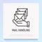 Mail handling thin line icon: hand with envelopes. Modern vector illustration for delivery service