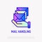Mail handling thin line icon: hand with envelopes. Modern vector illustration for delivery service