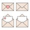 Mail linear icons with heart seals. Open and closed envelopes