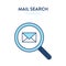 Mail search icon. Vector illustration of a magnifier tool with mail envelope symbol inside. Represents concept of searching in a