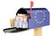 Mailbox with the European Union flag with parcels, envelopes inside. Delivery in the EU, concept. 3D rendering