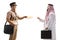 Mailman delivering a letter to a saudi arab man in ethnic clothes