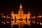 Main building of Moscow State University at night,