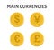 Main currencies coins symbols set