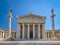 Main entrance of Academy of Athens, national research center, columns with Athena, ancient Greek goddess, and Apollo