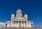 Main entrance to white Helsinki Cathedral with neoclassical green dome