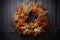 The main front wooden door. Autumn decorations for Thanksgiving