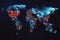 Main hearts of spreading COVID-19 virus on digital world map at dark background