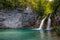 The main natural landmark of Croatia is the Plitvice Lakes with cascades of waterfalls. Emerald clear cold water on the background