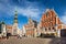 Main square of old town Riga. House of the Blackheads and St. Peter`s Church city view.