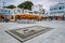 Main square with restaurants and taverns in the port of Ios island. Cyclades, Greece