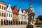 Main square of Telc city, a UNESCO World Heritage Site, on a sunny day with blue sky and clouds, South Moravia