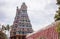 Main tower of Sri Thirumarainathar Temple, Thiruvathavur, Madurai, India. Focus set on temple tower