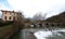 Main view of Villaba bridge, ancient entry point of Camino de Santiago path into Pamplona city, Navarra, Spain