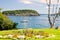 Maine coastline and sailboat