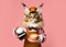 Maine coon cat as a barista against a pink background.