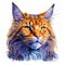 Maine Coon cat head portrait realistic colorful orange blue.