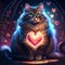 Maine Coon Cat hugging heart Cute cat with a red heart on a background of hearts. generative AI animal ai