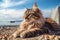 Maine Coon cat lying on the beach with blue sky background