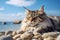 Maine Coon cat lying on the beach with blue sky background