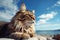 Maine Coon cat lying on the beach with blue sky background