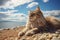 Maine Coon cat lying on the beach with blue sky background