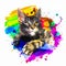 Maine coon colorful artistic cat muzzle with bright paint splatters on white background