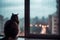 maine coon on a cozy windowsill, watching a rainy cityscape