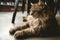 Maine coon domestic cat breed lying on the ground look stern, dignified home furry animal