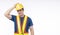 Maintenance workman occupation concept. Handsome confident smile craftsman wear yellow helmet hard hat safety holding hand on head
