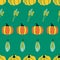 Maize plant, crop and pumpkins on green background seamless repeating vector pattern. Fall harvesting. For Thanksgiving