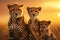 Majestic african cheetah family roaming savannah at vibrant sunset