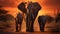 Majestic African elephants roam the savannah at sunset, a tranquil scene generated by AI