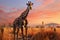 Majestic african sunset. towering behemoth stands tall in vibrant savannah at twilight