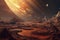 Majestic Alien Terrain with Reddish Hue and Giant Planet Rising