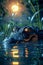 Majestic Alligator Emerges at Twilight with Reflective Water Surface and Fireflies