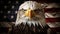 Majestic american bald eagle perched on distressed grunge flag, symbol of patriotism and freedom