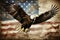 Majestic american bald eagle perched on grunge american flag, symbolizing patriotism and freedom