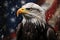 Majestic american bald eagle proudly perched on aged and weathered vintage grunge american flag