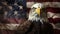 Majestic american bald eagle proudly perched on a weathered and tattered grunge style american flag