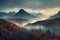 Majestic autumn landscape in the mountains. Dramatic overcast sky.