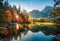 Majestic autumn view of Hintersee lake with Hochkalter peak on background, Germany, Europe. Gorgeous morning view of Bavarian Alps