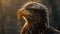 Majestic bald eagle close up with weathered feathers, intense yellow eyes, and sunlit beak