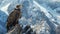 Majestic bald eagle perching, its eye focused on tranquil coastline