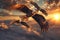 Majestic bald eagle soaring in photorealistic detail against dramatic clouds and vibrant sunset