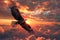 Majestic bald eagle soaring in photorealistic detail against dramatic sunset sky