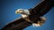 Majestic bald eagle spreads wings in clear sky, hunting fish generated by AI