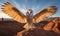 A majestic barn owl spreading its wings on a wooden log