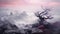 Majestic barren tree standing against a misty mountainous landscape, AI-generated