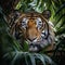 The majestic Bengal tiger, fierce and wild, hides in the tropical forest